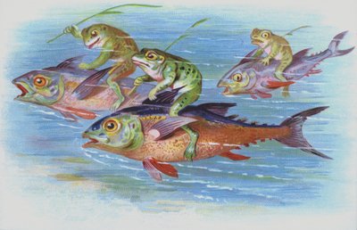 Żaby jeżdżące na rybach (chromolitho) autorstwa European School