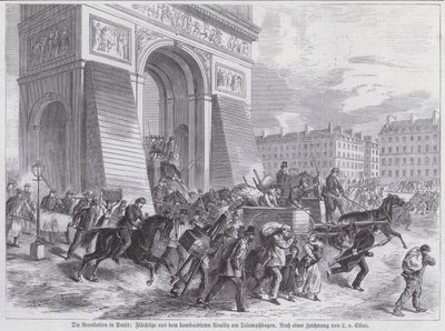 Uciekinierzy z bombardowania Neuilly przez armię francuską przechodzącą przez Łuk Triumfalny, Komuna Paryska, kwiecień 1871 (rycina) autorstwa European School