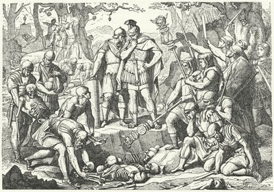 Germanik zakopujący kości żołnierzy trzech legionów rzymskich dowodzonych przez Publiusza Kwinktiliusza Warusa zniszczonych przez Niemców w bitwie pod Lasem Teutoburskim w 9 rpne (rycina) autorstwa European School