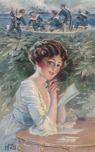 Dziewczyna pisząca do marynarza (kolorowa litografia) autorstwa European School