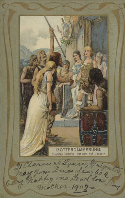 Gotterdammerung, Zygfryd przyjmuje Brunhildę i Gunthera (kolorowa litografia) autorstwa European School