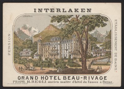 Grand Hotel Beau-Rivage, Interlaken (kolorowy grawerunek) autorstwa European School