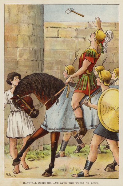 Hannibal rzuca topór na mury Rzymu (chromolitho) autorstwa European School