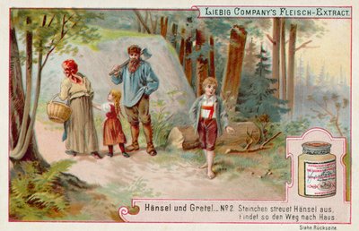 Jaś i Małgosia: Jaś zostawiający ślad kamyków, aby znaleźć drogę do domu (chromolitho) autorstwa European School
