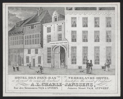 Hotel Des Pays Bas, Nederlands Hotel, A L Charle-Janssens, Antwerpia, Antwerpia (grawerowanie) autorstwa European School