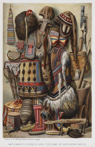 Narzędzia, naczynia i kostium ras północnych (chromolitho) autorstwa European School