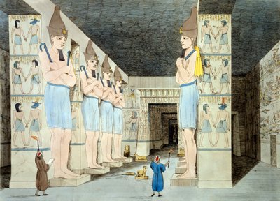 Wnętrze świątyni Ramzesa w Abu Simbel (kolorowa akwaforta) autorstwa European School