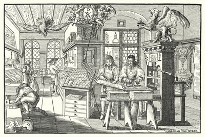 Wnętrze warsztatu drukarza książek, c1676 (grafika) autorstwa European School