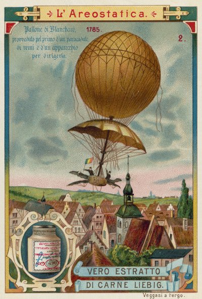 Jean-Pierre Blanchard podczas pierwszego zejścia z balonu na spadochronie, 1785 autorstwa European School