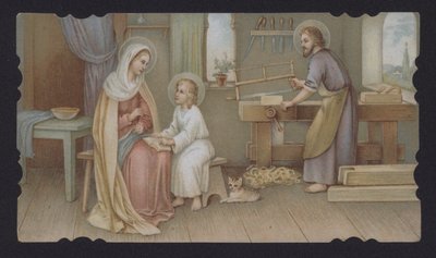 Jezus Chrystus jako chłopiec z matką Marią w stolarni Józefa (chromolitho) autorstwa European School