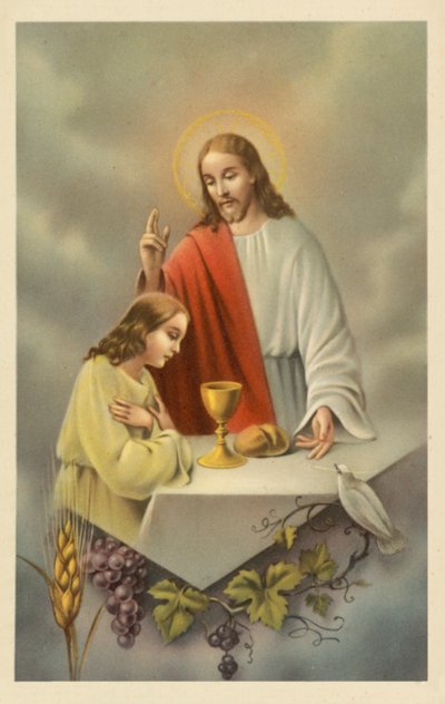 Jezus Chrystus błogosławiący dziewczynkę przyjmującą Komunię Świętą (kolorowa litografia) autorstwa European School