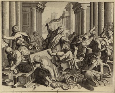 Jezus Chrystus wyprowadza wymieniających pieniądze ze świątyni (rycina) autorstwa European School
