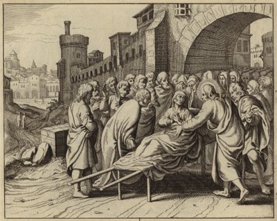 Jezus Chrystus wskrzeszający syna wdowy z Nain (rycina) autorstwa European School