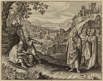 Jezus Chrystus przywracający wzrok ślepemu żebrakowi (rycina) autorstwa European School