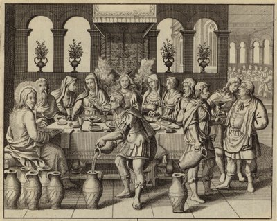 Jezus Chrystus zamienia wodę w wino na weselu w Kanie (rycina) autorstwa European School