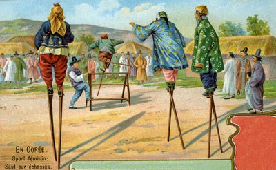 Koreanki na szczudłach grające w przeskakiwanie przez płotki, 1904 autorstwa European School