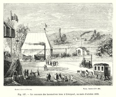 Konkurs lokomotyw, który odbył się w Liverpoolu, październik 1829 (grafika) autorstwa European School