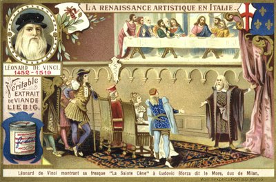 Leonardo da Vinci pokazuje swój fresk Ostatniej Wieczerzy Ludovico Sforzie, księciu Mediolanu autorstwa European School