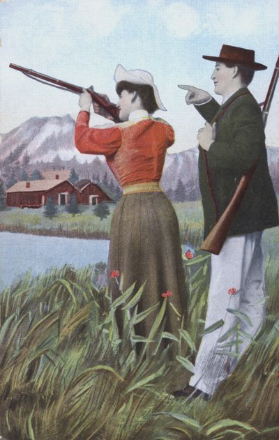 Mężczyzna i kobieta strzelający (kolorowa litografia) autorstwa European School
