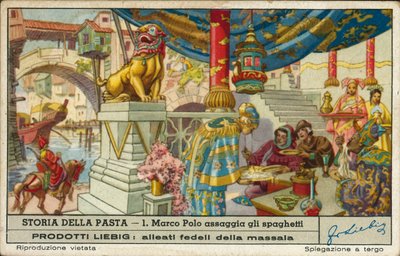 Marco Polo próbujący spaghetti w Chinach (chromolitho) autorstwa European School