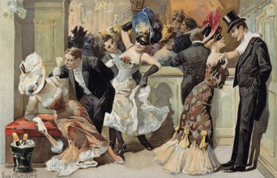 Bal maskowy z mężczyznami i kobietami pijącymi szampana (chromolitho) autorstwa European School