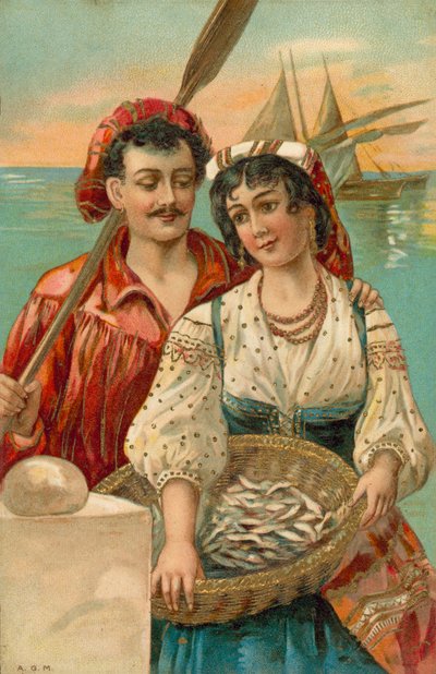 Śródziemnomorski rybak i kobieta (kolorowa litografia) autorstwa European School
