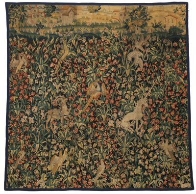 Fragment gobelinu Mille fleurs przedstawiający zwierzęta, ptaki i krajobraz, ok. 1500 r. (wełna) autorstwa European School