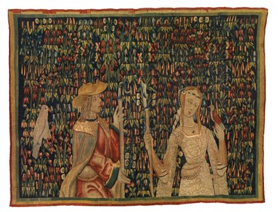 Fragment gobelinu Mille Fleurs przedstawiający pasterza i pasterkę lub damę i młodzieńca (wełna i jedwab) autorstwa European School