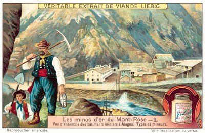 Górnicy i budynki kopalniane w kopalniach złota Monte Rosa, Włochy (chromolitho) autorstwa European School