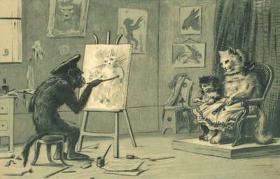 Małpa malująca portret kota i kotki (litografia) autorstwa European School