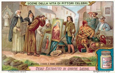 Murillo sprzedaje swoje obrazy na targu w Sewilli (chromolitho) autorstwa European School