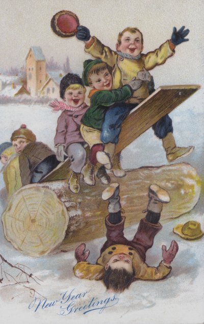 Kartka z życzeniami noworocznymi przedstawiająca dzieci bawiące się na śniegu (chromolitho) autorstwa European School