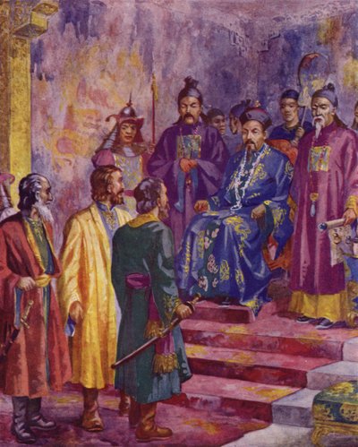 Niccolo, Maffaeo i Marco Polo spotykający Kubilaj-chana, XX wiek (kolorowa litografia) autorstwa European School