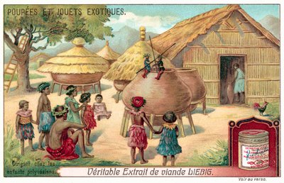 Polinezyjskie dzieci oglądające przedstawienie kukiełkowe (chromolitho) autorstwa European School