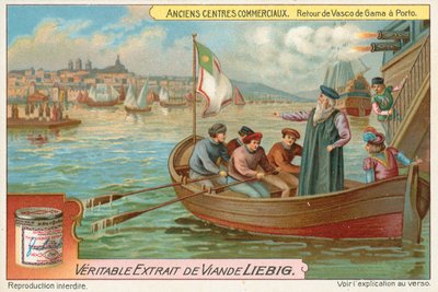 Porto, powrót Vasco da Gamy, karta Liebig, początek XX wieku (chromo) autorstwa European School