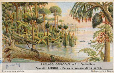Prehistoryczny świat, karta Liebig, początek XX wieku (chromo) autorstwa European School
