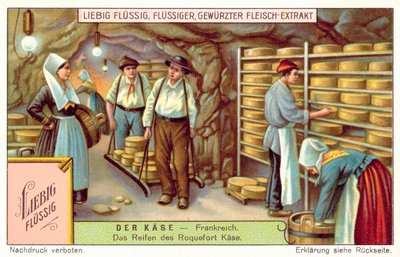 Sery Roquefort dojrzewające we Francji (chromolitho) autorstwa European School