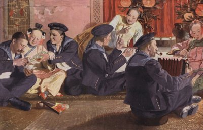 Marynarze w chińskiej herbaciarni (kolorowa litografia) autorstwa European School