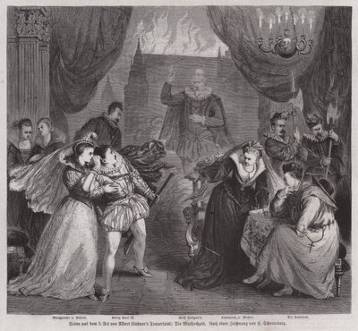 Scena z III aktu tragedii niemieckiego dramaturga Alberta Lindnera Die Bluthochzeit (Krwawe wesele) (rycina) autorstwa European School