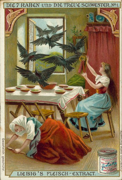 Scena z baśni braci Grimm Siedem kruków (chromolitografia) autorstwa European School