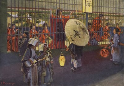 Scena w dzielnicy Yoshiwara w Tokio, Japonia (kolorowa litografia) autorstwa European School