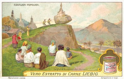 Syjamscy buddyści modlący się w balansującej skalnej świątyni (chromolitho) autorstwa European School
