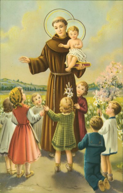 Święty Franciszek z Asyżu z Dzieciątkiem Jezus i dziećmi (kolorowa litografia) autorstwa European School