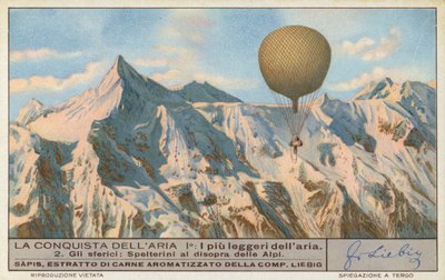 Szwajcarski baloniarz Eduard Spelterini lecący nad Alpami (chromolitho) autorstwa European School