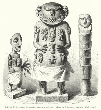 Bożki tahitańskie, wyrzeźbione w drewnie (grawerowanie) autorstwa European School