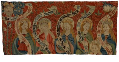 Fragment gobelinu przedstawiający Wszechmogącego i sześć świętych kobiet, prawdopodobnie z antepedium, koniec XV w. (wełna) autorstwa European School