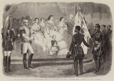 Wojna, prezentacja cesarzowej-regentce Eugenii flagi austriackiej podjętej w Magenta (grawerowanie) autorstwa European School