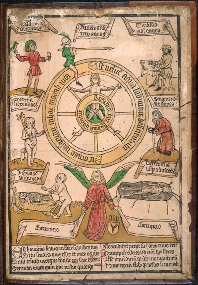 Koło fortuny, z „Rota uite que fortuna uocatur”, ok. 1460 (kolorowe drzeworyty) autorstwa European School
