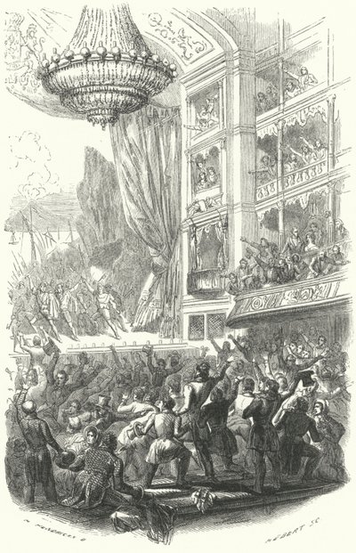 Początek Rewolucji Belgijskiej: wykonanie opery Daniela Aubera Niemy Porcini w Theatre de la Monnaie w Brukseli, 25 sierpnia 1830 (rycina) autorstwa European School