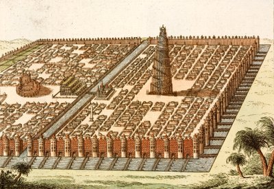 Wieża Babel, Pałac Królewski i Wiszące Ogrody Babilonu (kolorowy grawerunek) autorstwa European School